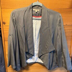 41 Hawthorn Gray Open Front Blazer Roll Tab Sleeves Polka Dot Lining Women’s Lar